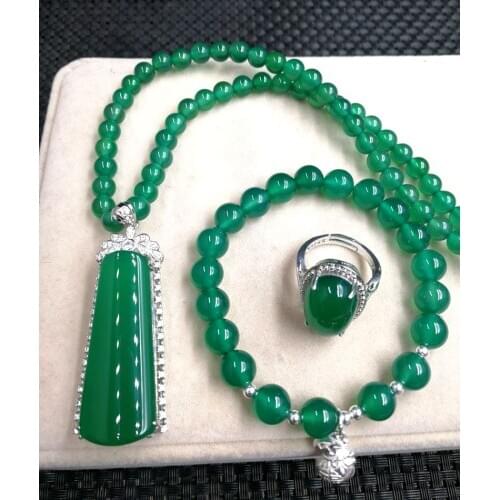 925 Silver Lnlay Natural Green Chalcedony Woman Set Ornament Pendant/Bracelet/Ring Good Gift With Certificate