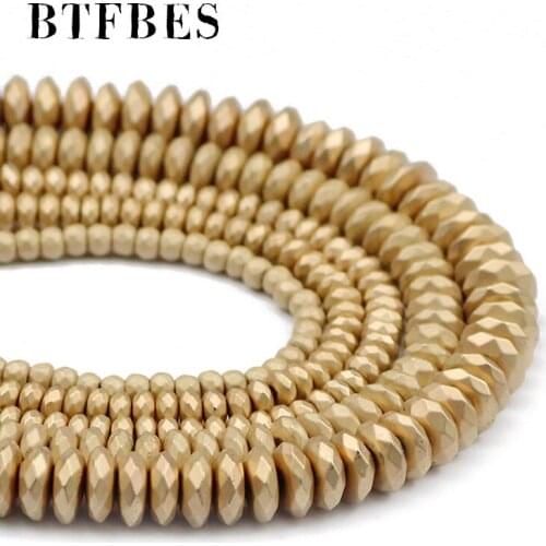 BTFBES Hematite Natural Stone Matte 14 KC Gold Round Faceted Charm Loose Beads For Jewelry Accessories Making DIY 3/4/6/8mm