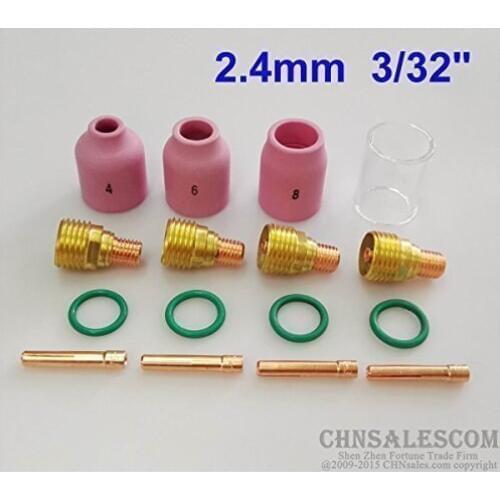 CHNsalescom 16 pcs TIG Welding Gas Lens Ceramic nozzle & Pyrex Cup Kit WP-9/20/25 3/32" 2.4mm 90A-180A regular current use
