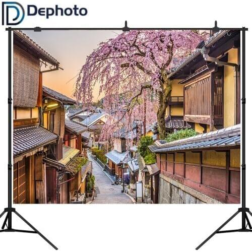 Dephoto Ancient Town Buildings Street sakura Scenic Photography Backgrounds Customized Photographic Backdrops For Photo Studio