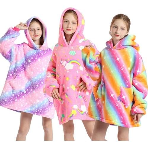 Children Cartoon Unicorn Rainbow Sweaters Pullover Kids Girls Star Colorful Thick Warm Hoodies Baby Boys Wearable Blankets