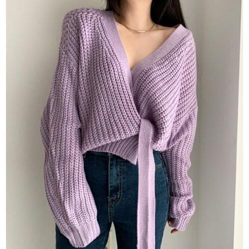 Korea Chic Autumn Gentle Purple White V-Neck Design Side Lace Waist Thick Needle Knitted Cardigan Sweater Women
