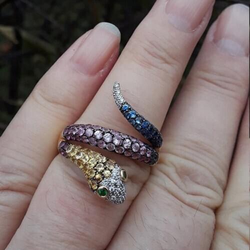Fashion Full Set Color Rhinestone Exaggerated Spirit Snake Rings Personality Snake-Shaped Nightclub Ring Student Trend Jewelry