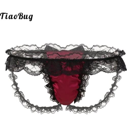 TiaoBug Mens Sissy Soft Satin Lingerie Low Rise Bulge Pouch T-Back Frilly Ruffled Lace Bikini Thong Briefs Underwear