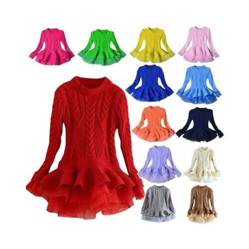 New 4-8 years childrens clothing color sweater autumn and winter girls shirt sweater dress long sleeve puffy princess dress
