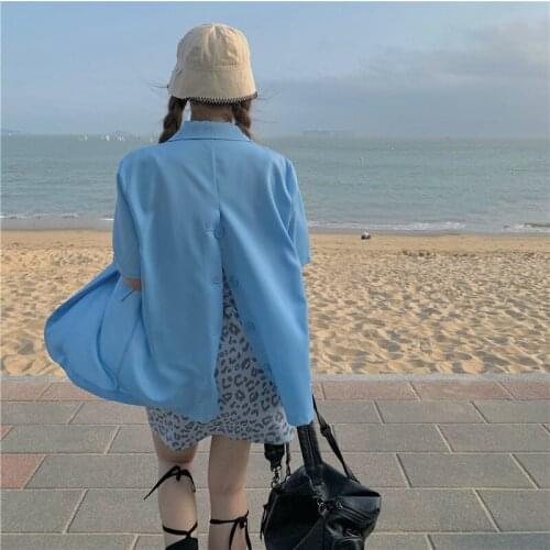 New Women Summer Blazer Jacket Fashion Basic Blazers Casual Solid Button Short Sleeve Oversized Suit Coat Office Lady Elegant