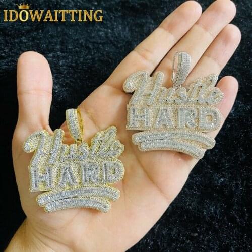 Wholesale Bling 5A Full Cubic Zirconia Paved Hustle Hard Letter Pendant Necklaces Bling Iced Out Rope Chain Hiphop Men Jewelry