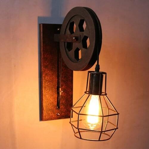 Retro Industrial Wall Light Vintage Pulley Wrought Iron Lampshade Light Fixture Restaurant Living Room Decoration