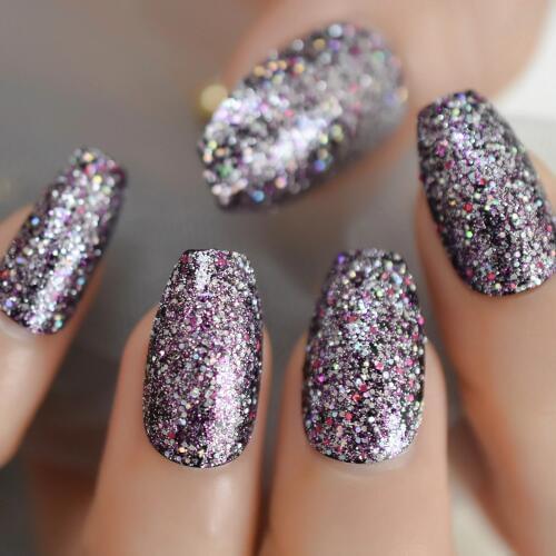 Xmas Style Glitter Fake Nails Coffin Shape Mix Shimmer Christmas Elemant Fingernails Medium Size Nail Kit 24