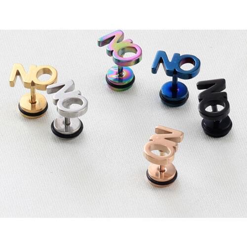 2 pieces unisex type Steel black gold colorful Funny No Letters Words men women earrings pierced Titanium steel Stud Earrings