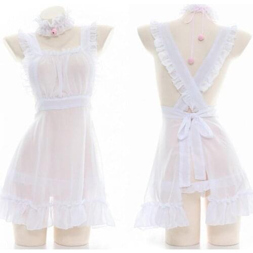 Sexy Womens Semi-transparent Maid Ruffles Dress Lovely Lolita Chiffon Private Nightdress Pajamas Bandage Underwear Set Student