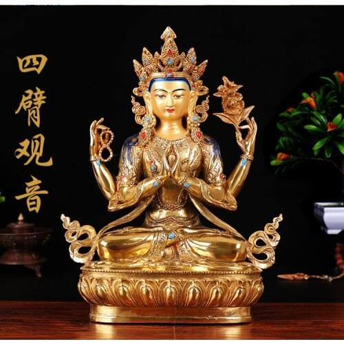 Special Offer Buddha# 12 inch -HOME Protection # Tibetan Nepal Buddhism Gilded gold Four-armed Avalokitesvara buddha statue