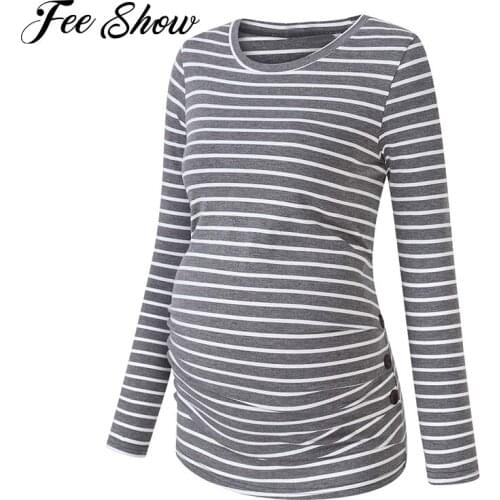 Maternity Tunic Tops Pregnancy Plus Size Shirts Side Ruched Button Long Sleeve Tees Pregnant Women Casual O-Neck Striped T-shirt