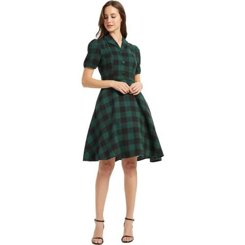 Spring Summer Green Plaid Hepburn Rockabilly Dress NO Belt England Style Office OL Chic 50s 60s Retro Vintage Casual Dresses