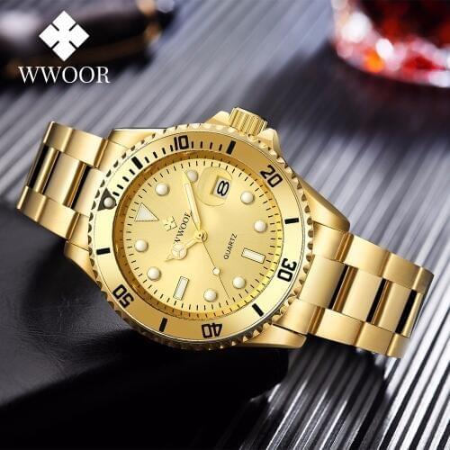 WWOOR 2021 New Top Brand Men Watch Luxury Gold Quartz Sport Full Steel Luminous Causal Waterproof Wristwatches Relogio Masculino