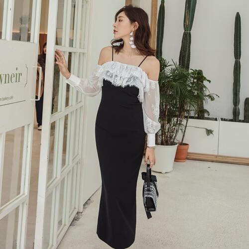 YIGELILA Autumn Patchwork Lace Dress Slash Neck Backless Sheath Dress Lantern Sleeves Mid-calf Elegant Dress 65174 Free Shipping