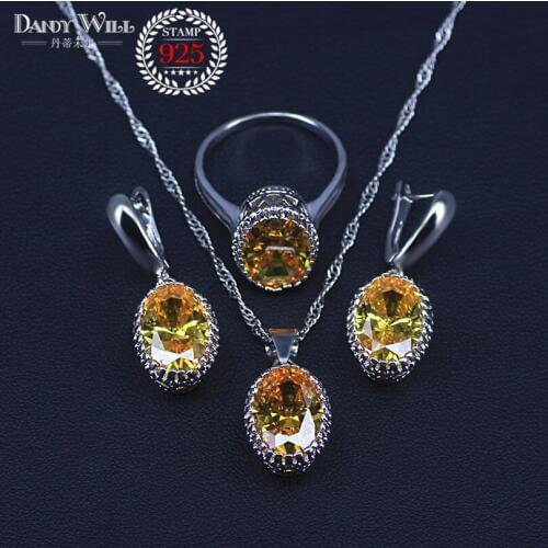 Silver Color Jewelry Yellow Cubic Zirconia Jewelry Sets For Women Earrings/Pendant/Necklace/Rings/Pear Bracelet