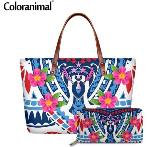 Coloranimal Kosrae Polynesian Flower Printed Women Casual Handbag PU Leather Crossbody Bag&Wallet 2Pcs/Set Tote Bag&Purse 2021
