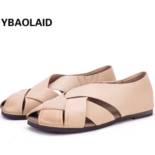 Round Head Leather Hollow Flat Womens Shoes Spring and Summer New Fashion Shallow Mouth Fish Mouth Shoes Leather Sandals