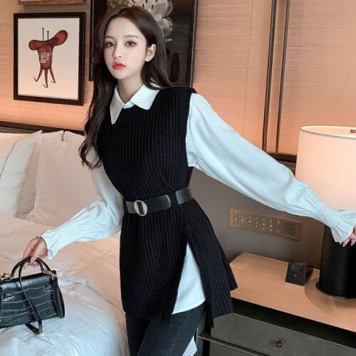 2021 New Spring Autumn Long Shirt Elegant Women 2 Pieces Sets Korean White Shirts and Sleeveless Sweater Set Womens Outfits Q848