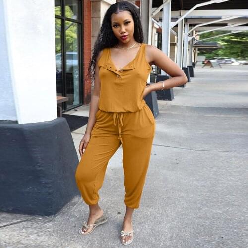 2021 Summer Women Holiday Casual Sleeveless Jumpsuit Fashion Solid Color Full Length Romper Casual Buttons Up Drawstring Outfit