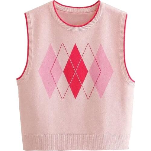 2021 New Women Fashion With Ribbed Trim Cropped Knitted Vest Sweater Vintage O Neck Sleeveless Female Waistcoat Chic Tops