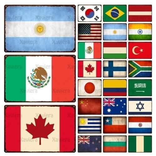 Tin Sign World National Flag USA Canada Argentina Australia Wall Decoration Iron Sheet Painting Wall Art Home Bar Living Room Pu