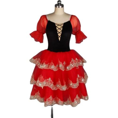 Long Ballet Dance Tutus Girls Ballerina Costume Velvet Bodice with 3 Tiered Romantic Tutu Skirts Women Red Spanish Dress 20537