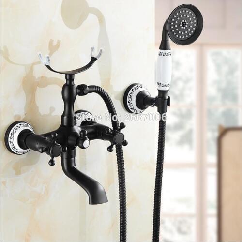 Free shipping New Hot & Cold Shower Mixer Swivel Tap Bathroom Bathtub Wall Mount faucet Set Black Plating Bath Shower Set ZR045