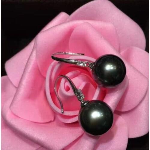 Free shipping jewelry new 10MM dangle Tahitian Natural black green Pearl Earring