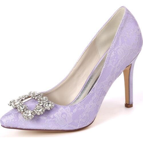 Elegant lace bridal heels pointed toe lady pumps with square crystal brooch wedding shoes stiletto lavender ivory white slip on
