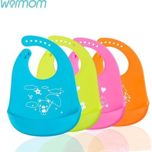WARMOM Baby Meals Apron/Bibs Waterproof Soft Silicone Baby Bibs Cartoon Elephant/Cow/Squirrel/Bear Pattern Baby Feeding Tools