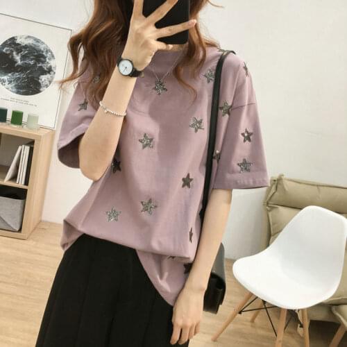 2021 Women Summer O-Neck T Shirts Short Sleeve Stars Embroidery Women Cotton Tops Loose Style Women Casual Tees