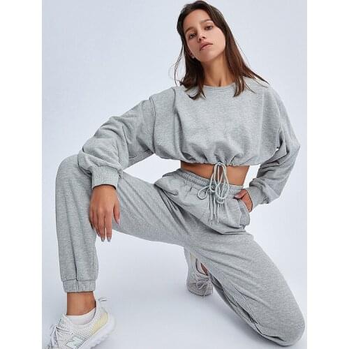 Spring Women Sets Two Piece Set Long Sleeve Hooded Loose Short Top Pants Fitness Sports Sweatshirt Workout Fashion Outfits