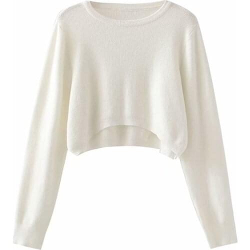 MESTTRAF Women 2021 Fashion Pure Color Loose Casual Short Knitwear Retro Long Sleeve Hem Asymmetric Pullover Streetwear