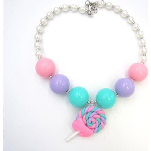 Cute Kids Girls Chunky Bead Necklace Lovely Pink Bow Lollipop Pendant Necklace Toddler Bubblegum Necklace Gift Jewelry For Child