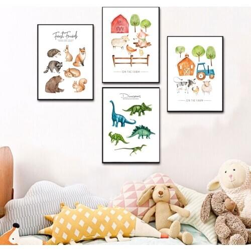 Cute Forest Cartoon Animal Farm Decorative Picture Ddinosaur Childrens Room Kindergarten Canvas Painting Wall Art For Kids Room