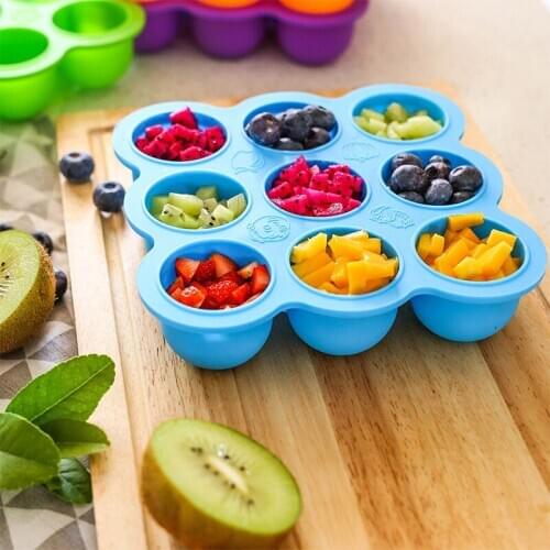 Multifunction Safety Food Grade Silicone 9-hole Baby Food Box With Lid Ice Tray Fruit Storage Box Freezer Tray Cup Cake Mold