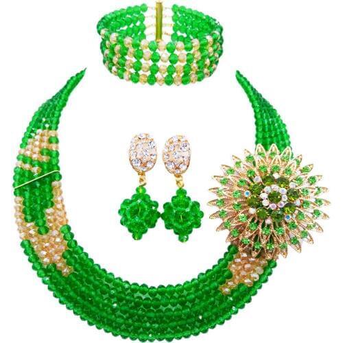 Fashion Green Gold Multi Strands Nigerian Wedding Necklace Costume African Beads Jewelry Set for Women 5L-YH07