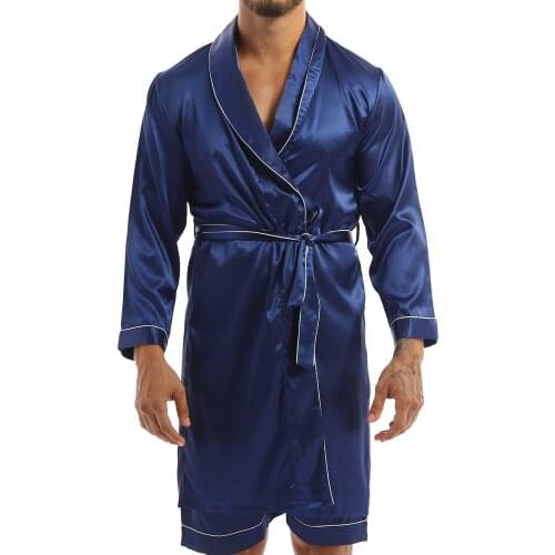 Mens Silky Satin V Neck Long Sleeves Robes Bathrobe Nightgown Casual Kimono Loungewear Sleepwear Pajama Solid Color Nightwear