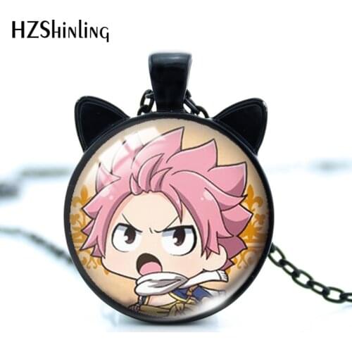 2021 New Anime Fairy Tail Pendant Necklace Natsu Lucy Erza Cat Ear Pendants Glass Cabochon Necklaces Handamde Jewelry