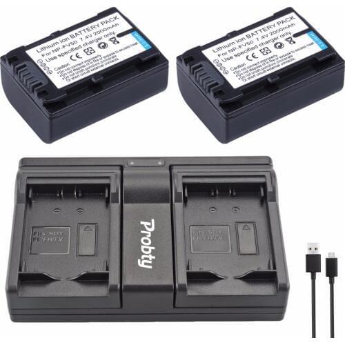 PROBTY 2Pcs NP-FV50 NP FV50 Battery + USB Dual Charger For Sony PJ10E PJ30E PJ50E TD10E VG10E DCR-SX43E SR68 HDR-PJ820E CX610E