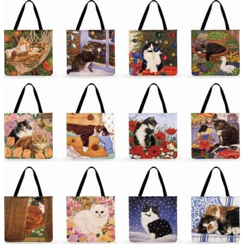 Christmas Gift Fashion Shopping Bag Reusable Ladies Tote Bag Daily Beach Bag Cartoon Painting Cat Printed Beach Bag Casual Tote