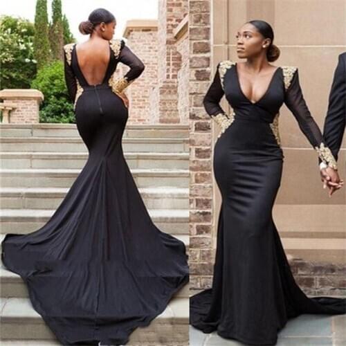 Sexy Black Evening Dresses Sexy Backless Deep V Neck Mermaid Long Formal Prom Gowns Gold Lace Applique Long Sleeves African Gown