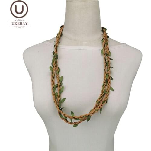 UKEBAY New Straw Rope Green Leaf Handmade Necklace Women Ethnic Jewelry Vintage Pendant Necklaces Long Statement Sweater Chains