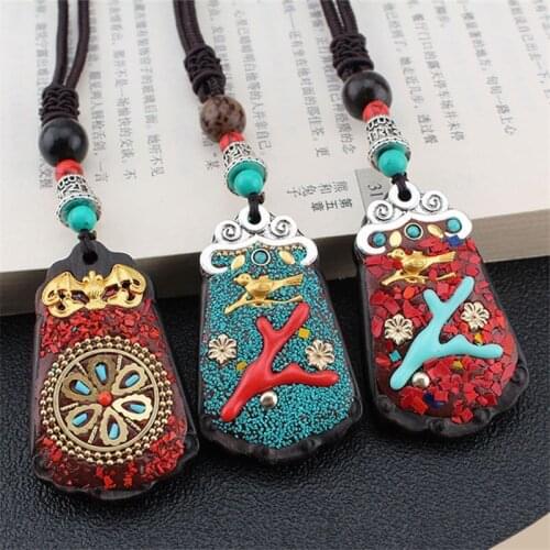 Vintage Ethnic Style Handmade Pingan Ebony Thangka Pendants & Necklaces Statement Nepal Necklace Women Men Jewelry