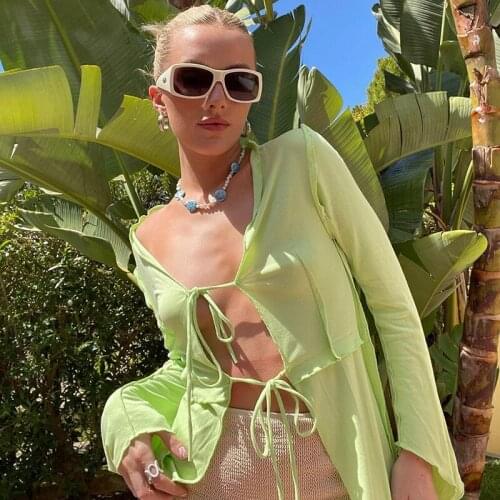 Harajuku Green Lace Up Long Sleeve T-shirts Fashion Sexy Women Top Korean Fashion Cardigan Autumn Tee Shirt Femme New