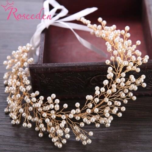 Golden Pearls Wedding Headband Hair Vine Bride Crowns Tiaras Women Hair Accessories Jewelry RE3940