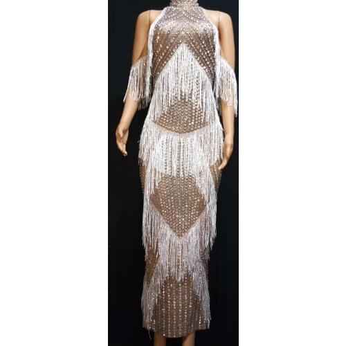 New White Fringes Shining Rhinestone Women Dress Birthday Celebrate Prom Party Dress Sleeveless Dresses Singer Stage Wear