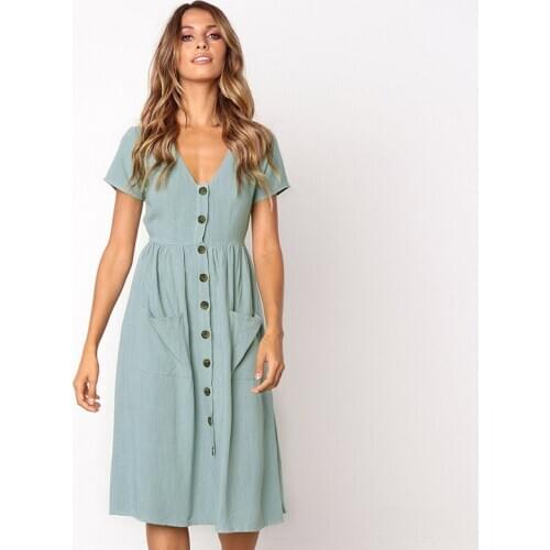 Women V-neck Button Decor Dress Summer Short Sleeve Solid Casual Pockets High Waist A-line Dress Elegant Fashion Female Vestidos